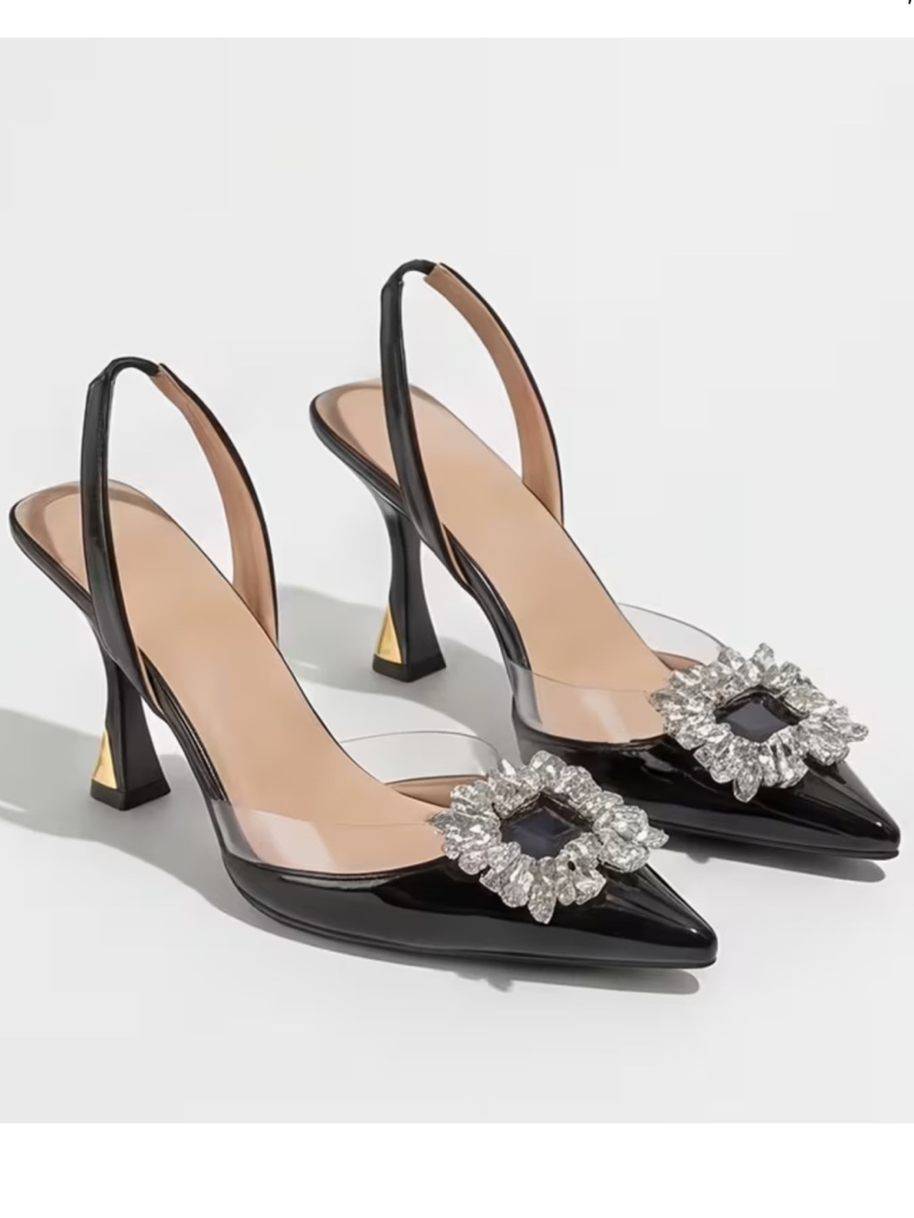 Black Patent Pointed Slingback Heels with Jewel Accent